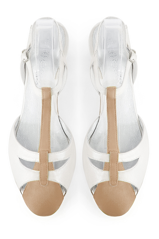 Tan beige and off white women's open back T-strap shoes. Round toe. High block heels. Top view - Florence KOOIJMAN
